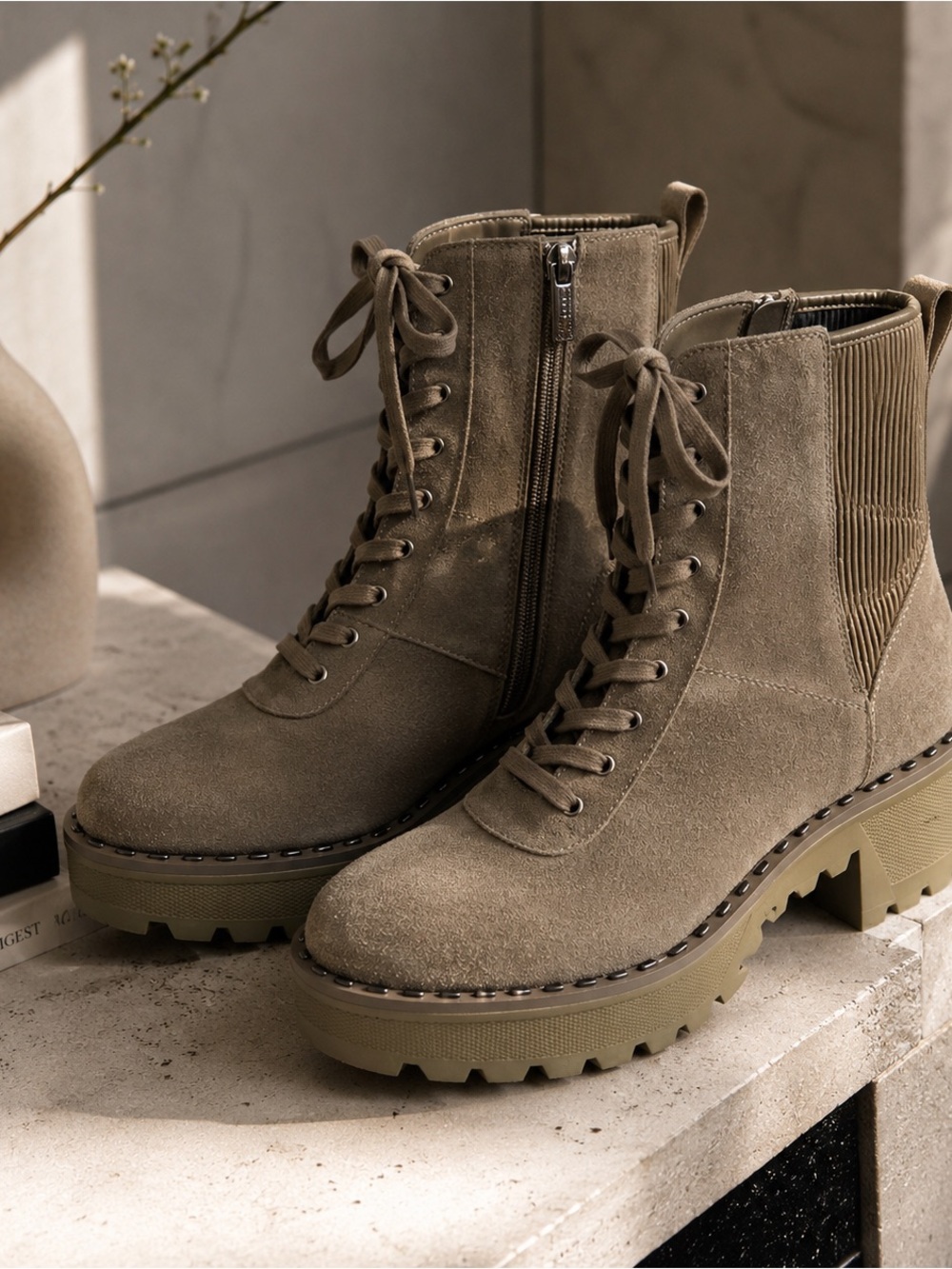 Vince Camuto Olive Taupe Suede Lace-Up Combat Boots